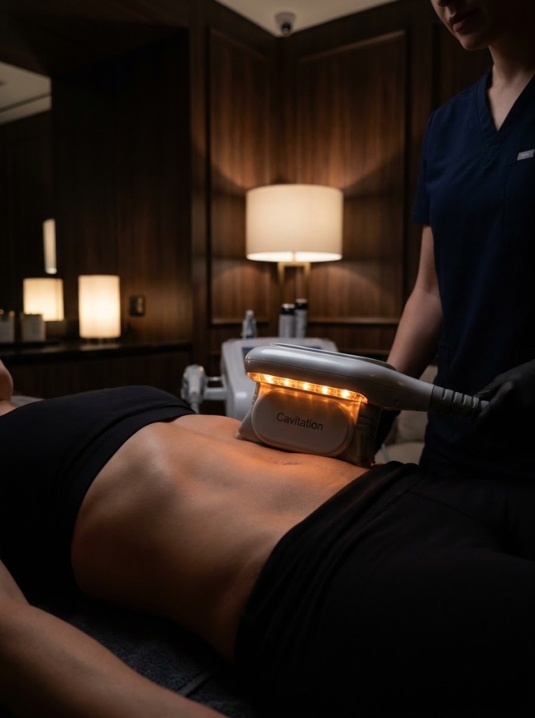 Aesthetician in dark scrubs gliding a warm-light cavitation handpiece over a client's abdomen for body contouring
