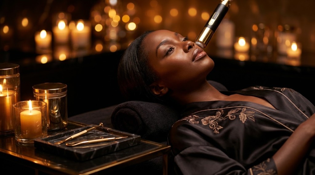 Client receiving a clinical facial with a gold skin device at Crème De La Crème Spa & Beauty, a med spa in Georgetown, Guyana