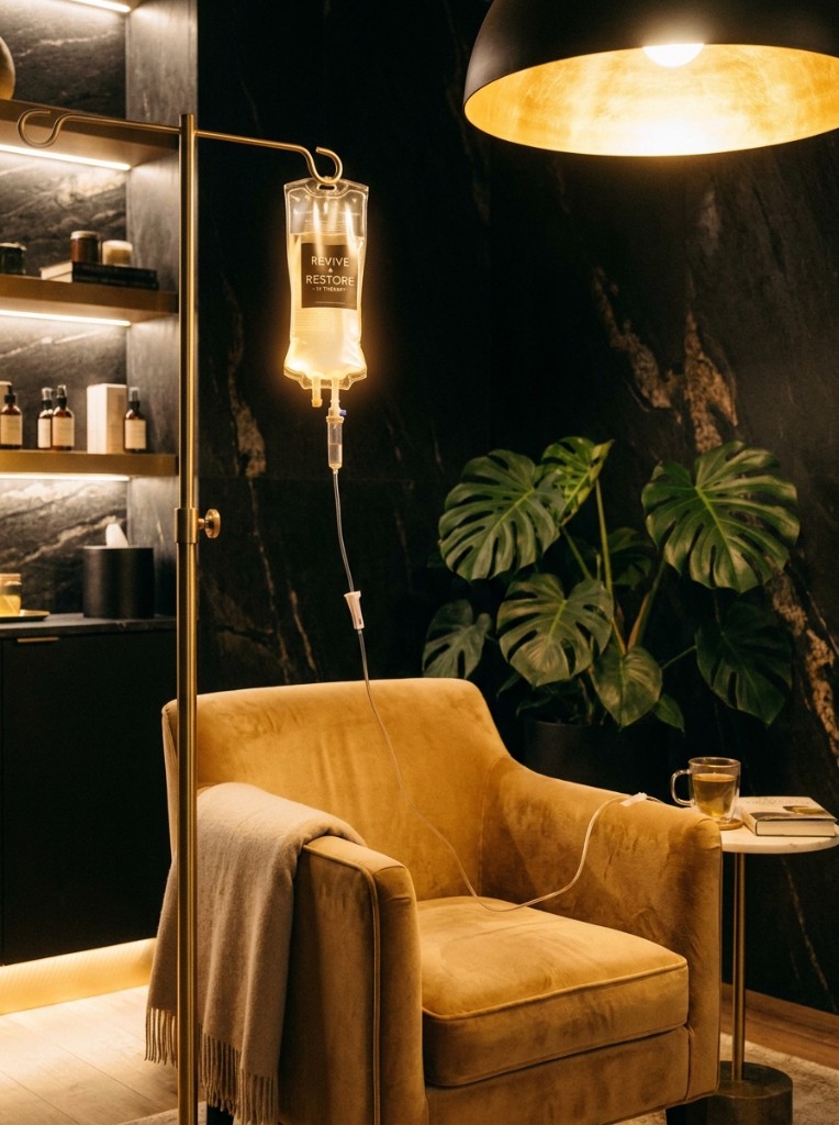 Gold-glowing IV vitamin therapy drip bag on a brass stand in a luxury spa lounge