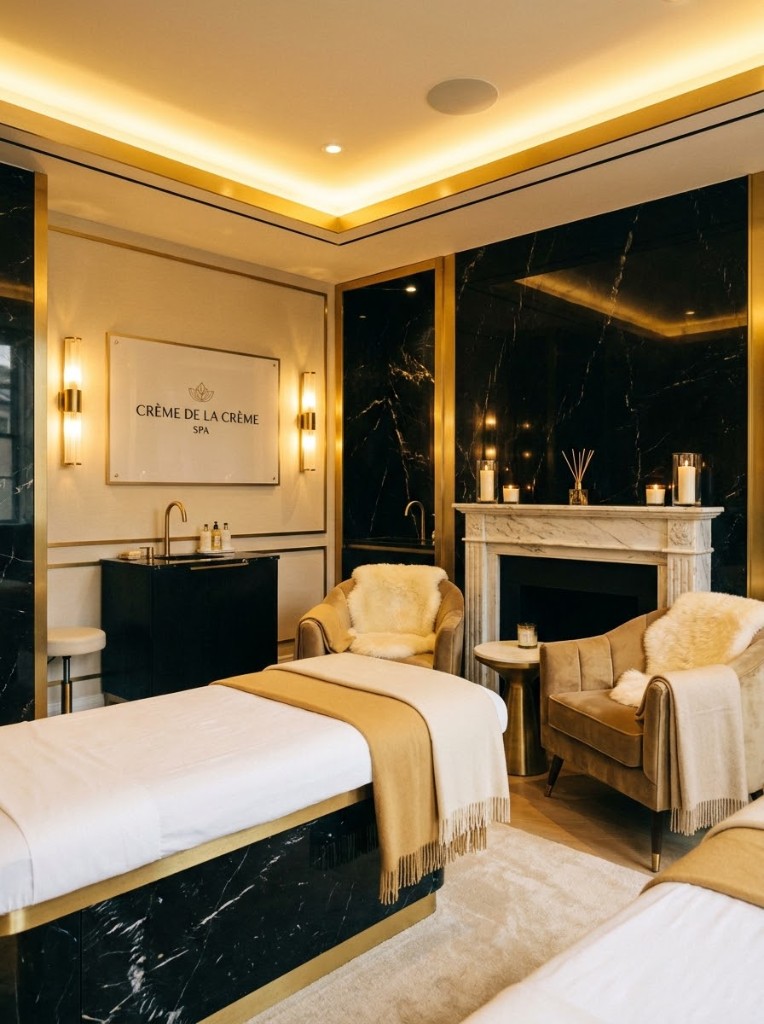 Luxury spa suite with gold-trimmed walls, black marble, a bed dressed in cream and gold linens, velvet chairs and fireplace